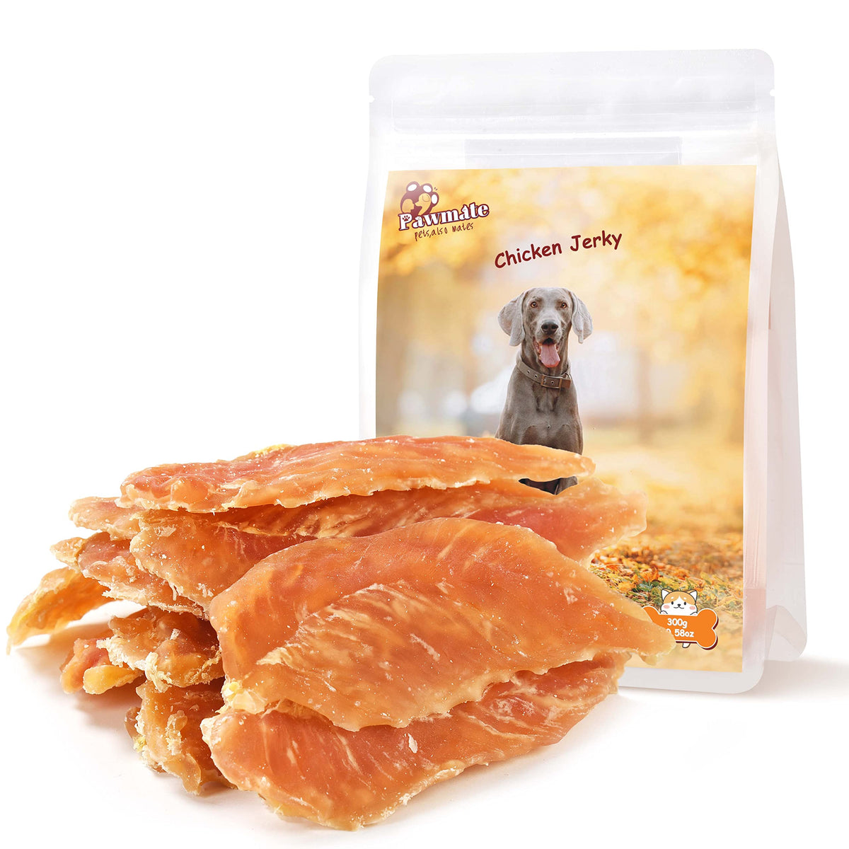 Pawmate packaging shows protein-rich chicken jerky for dogs.