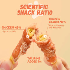 Pawmate pumpkin biscuits chicken-wrapped closeup shows chewy texture ideal for rewards