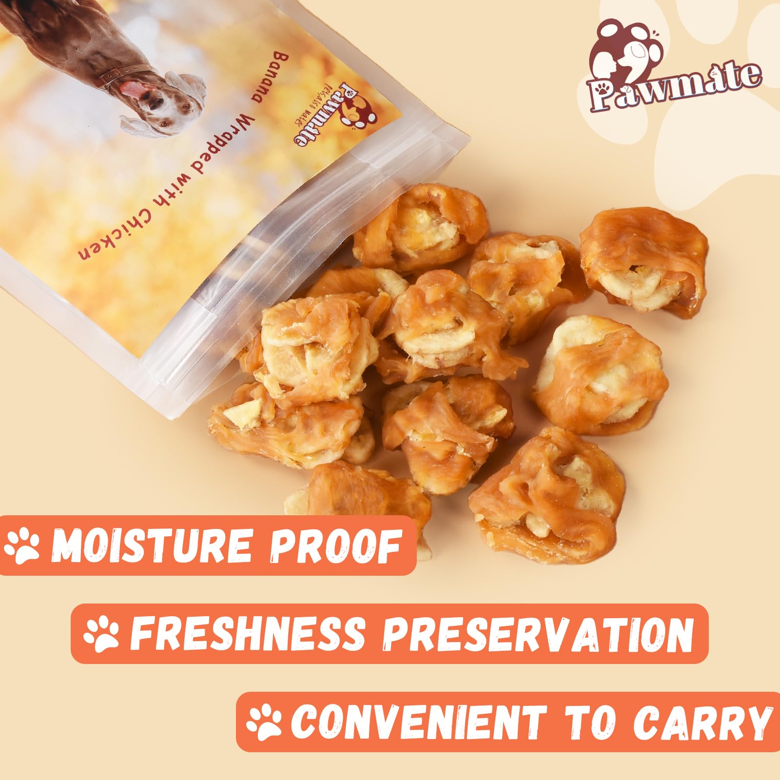Pawmate rawhide-free and grain-free dog treats arrangement.
