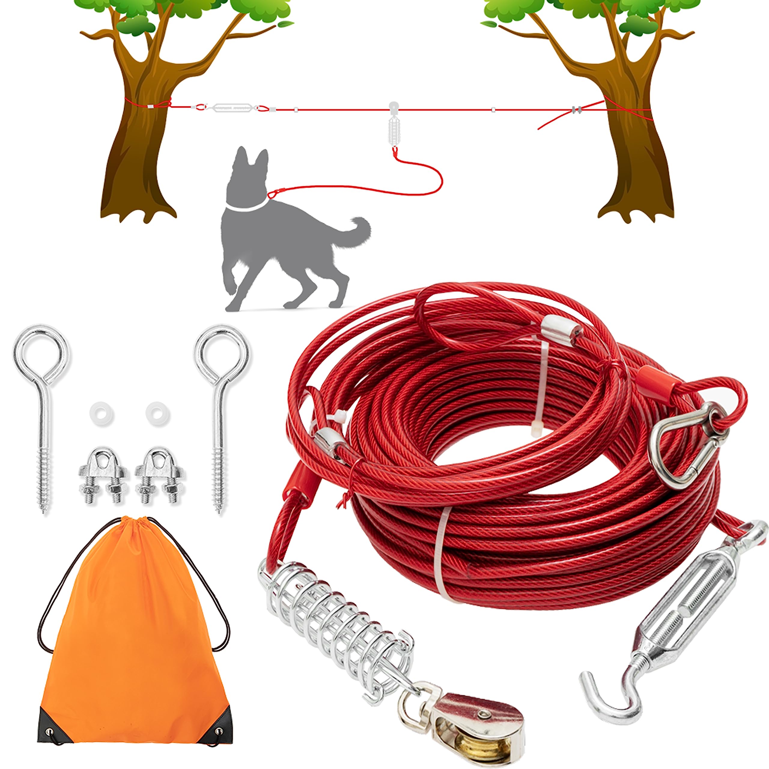 PAWNISAW 100 ft dog tie-out cable for outdoor play with high visibility.