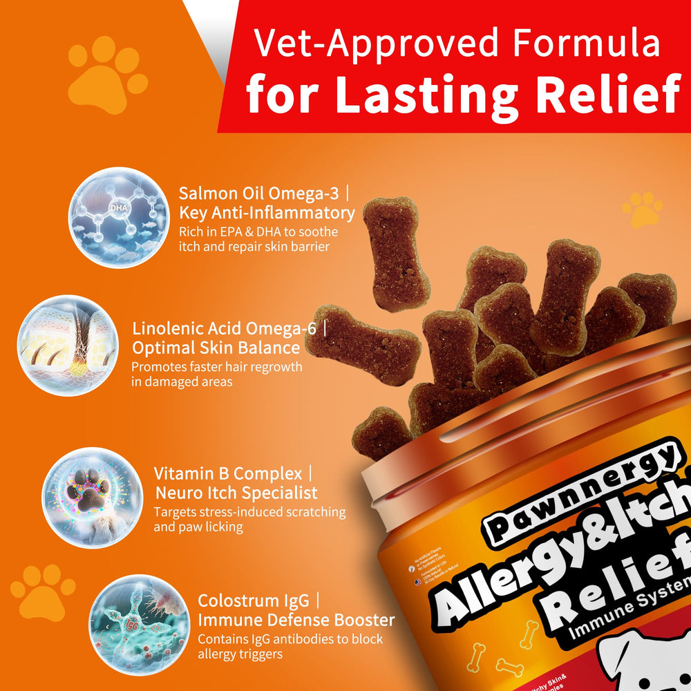 Pawnnergy colostrum probiotics chews bottle, highlighting gut health support.