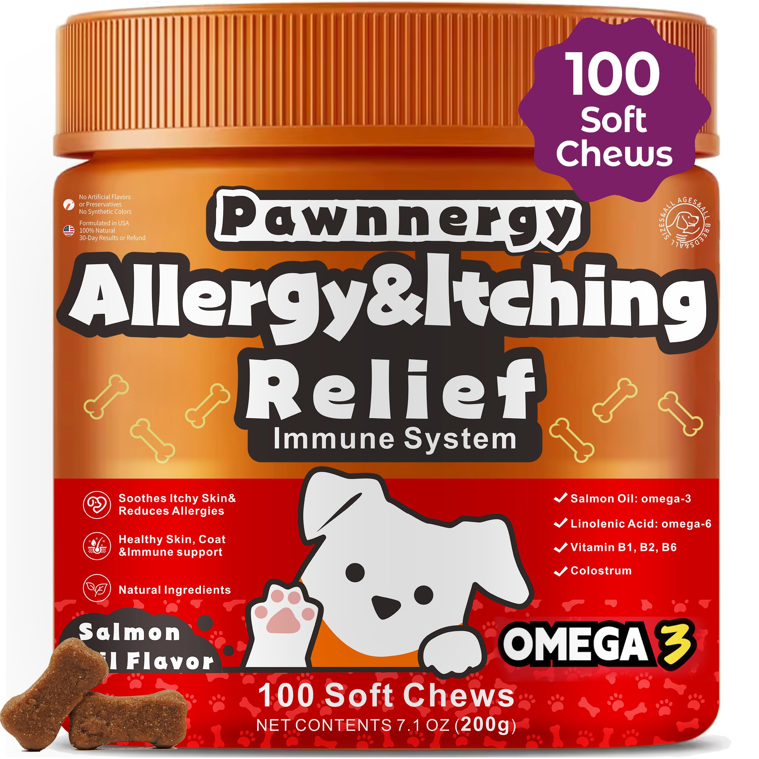 Pawnnergy dog allergy relief chews package showing itch relief potential.