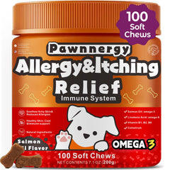 Pawnnergy dog allergy relief chews package showing itch relief potential.