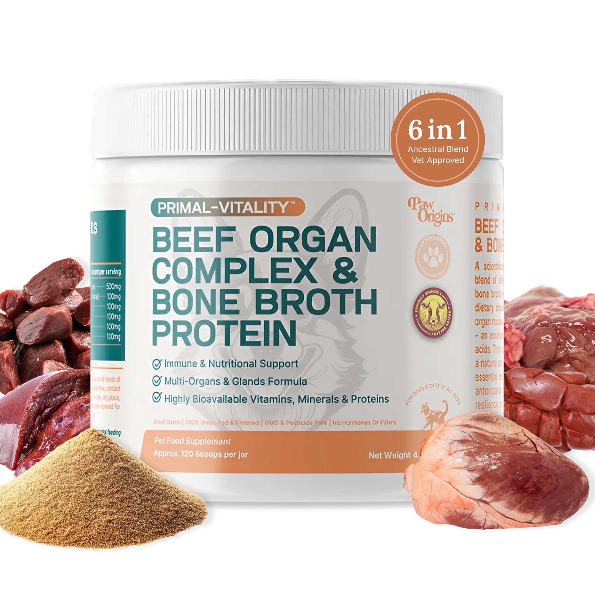 PawOrigins Primal-Vitality bottle displaying bone broth powder and ingredients for dogs