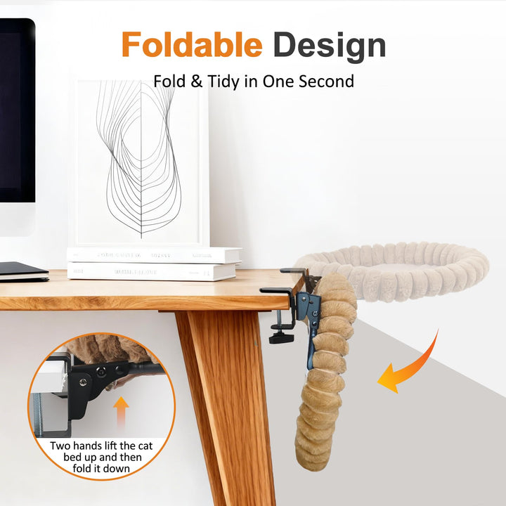 Pawow cat desk bed folded at 90 degrees to save desk space when not in use.