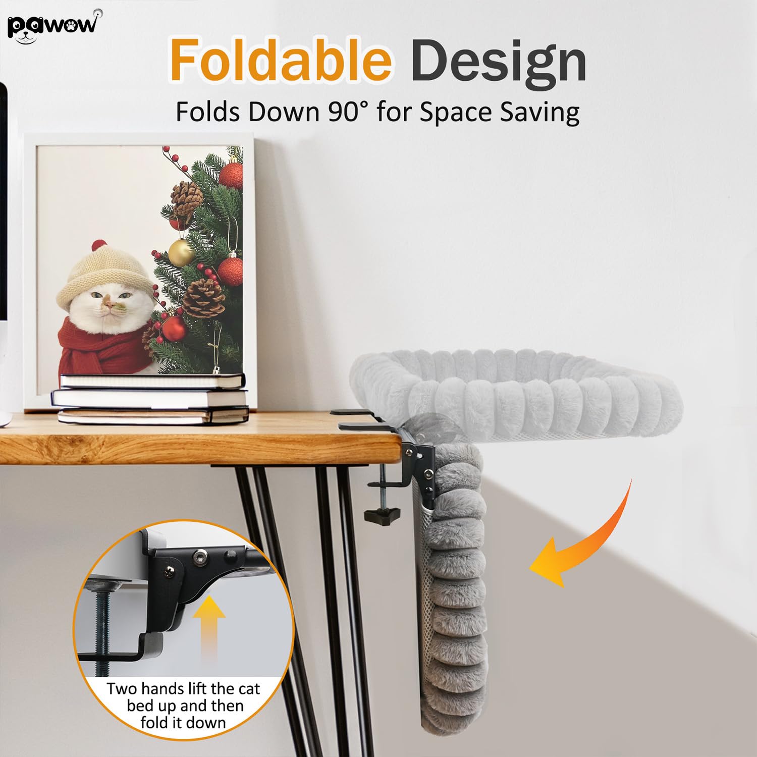 Pawow X-Large Cat Desk Bed mounted on desk edge with clamp for stability