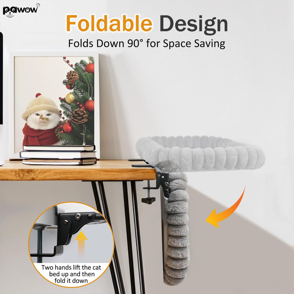 Pawow X-Large Cat Desk Bed mounted on desk edge with clamp for stability