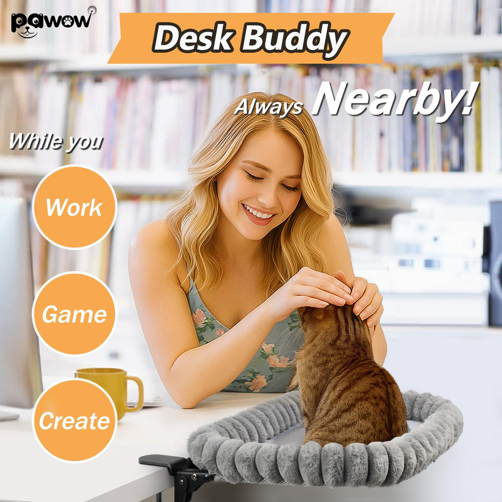 Pawow X-Large Cat Desk Bed with faux rabbit fur cover for cozy warmth
