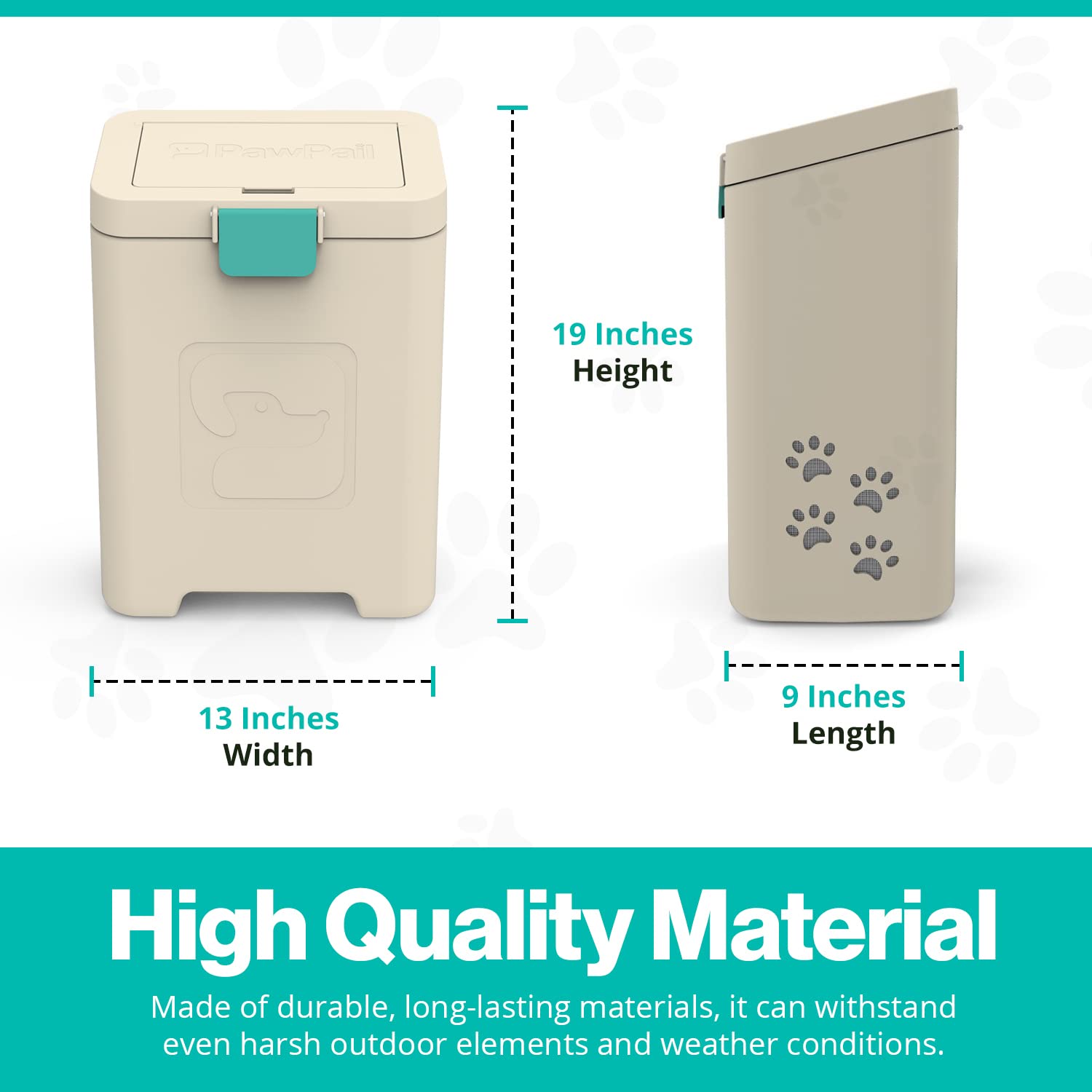 PawPail integrated bag dispenser keeps bags handy during cleanup.