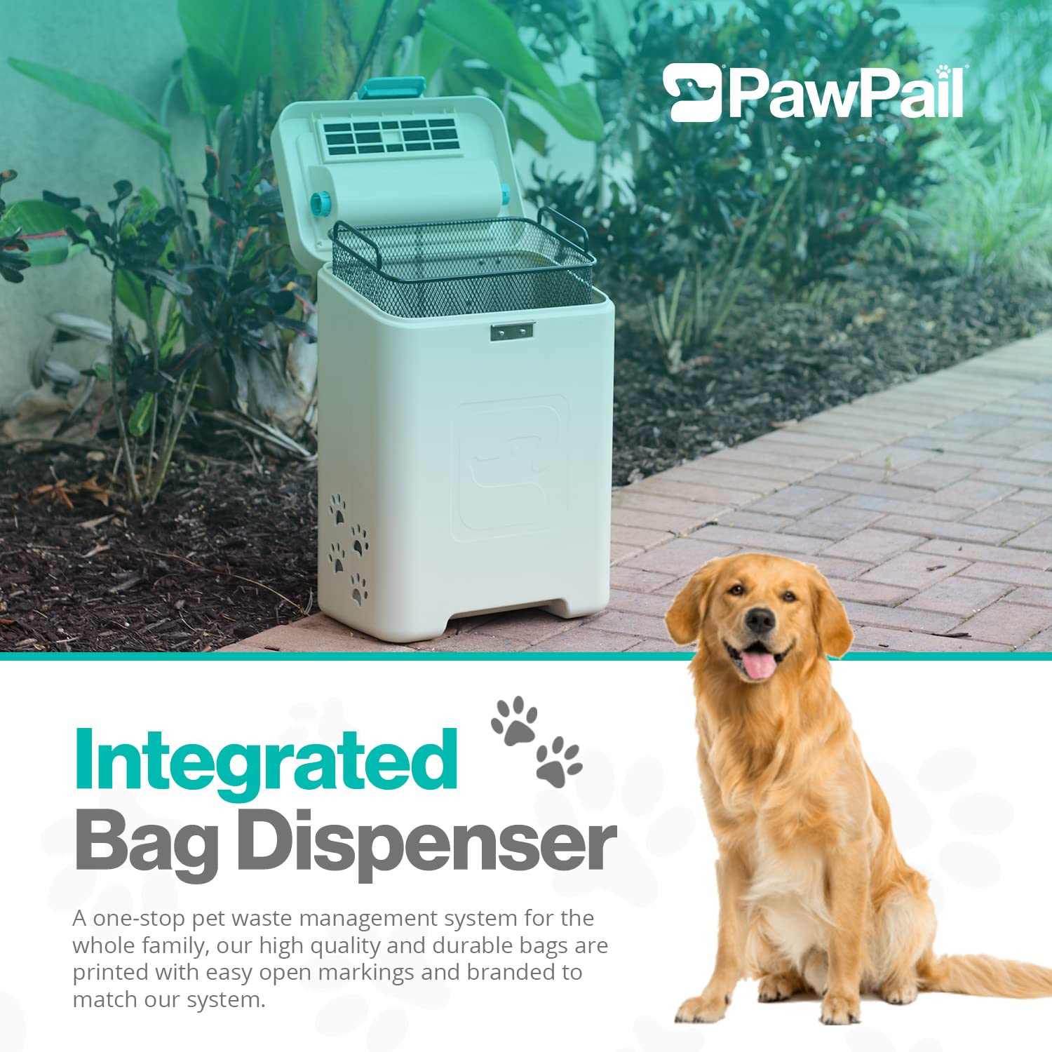 PawPail low-profile beige design blends with outdoor decor and stays unobtrusive.