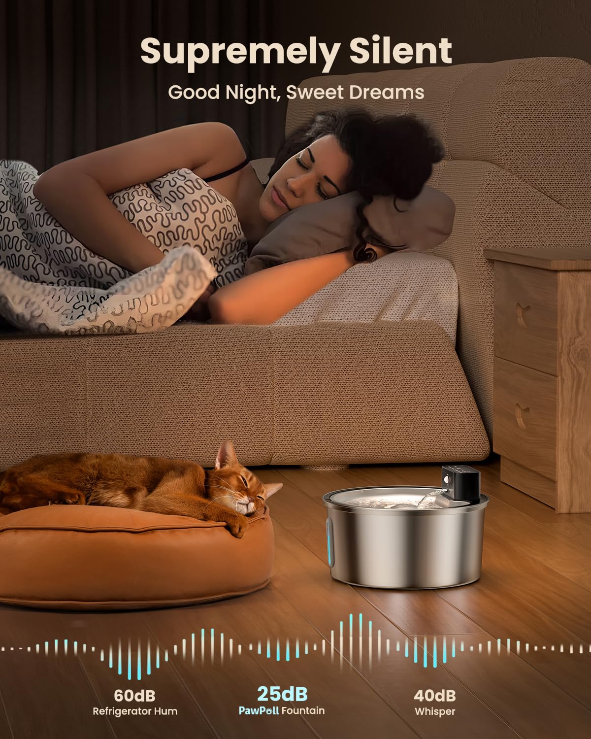 PawPoll ultra silent pump ensures quiet nights and calm homes.