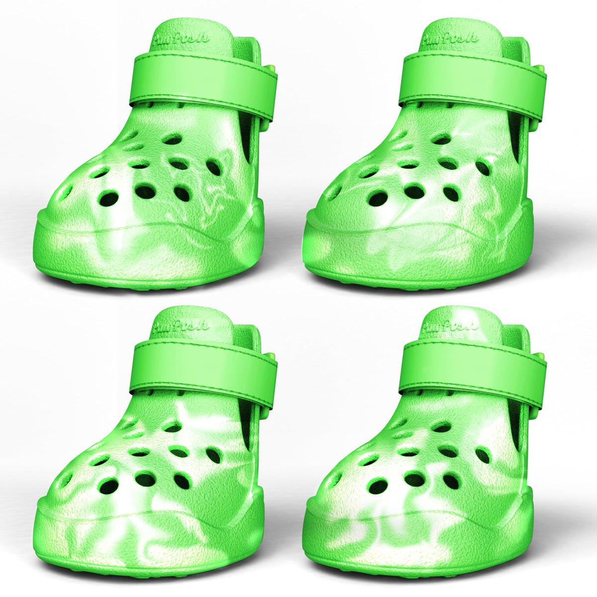 PawPosh green marble outdoor booties provide protective paw coverage.