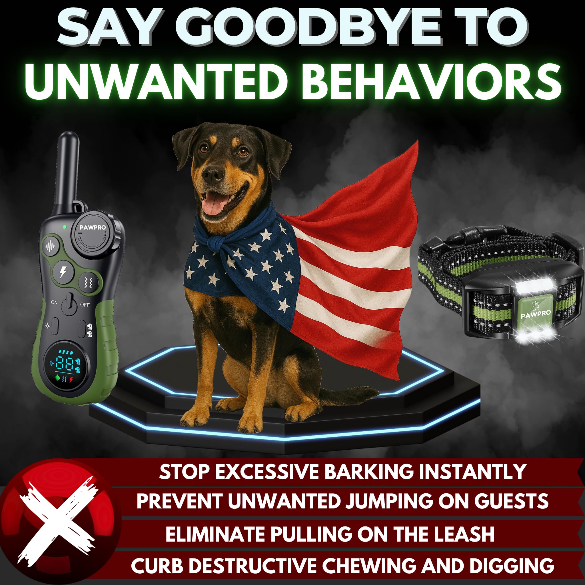 PAWPRO collar showing beep, vibration, LED modes for precise feedback