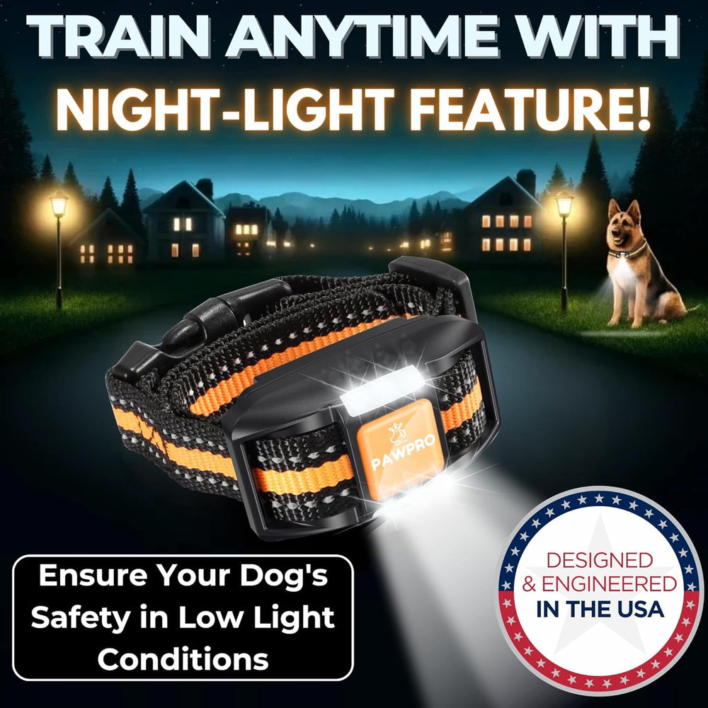 PAWPRO LED night-light mode aids visible training during evening sessions.