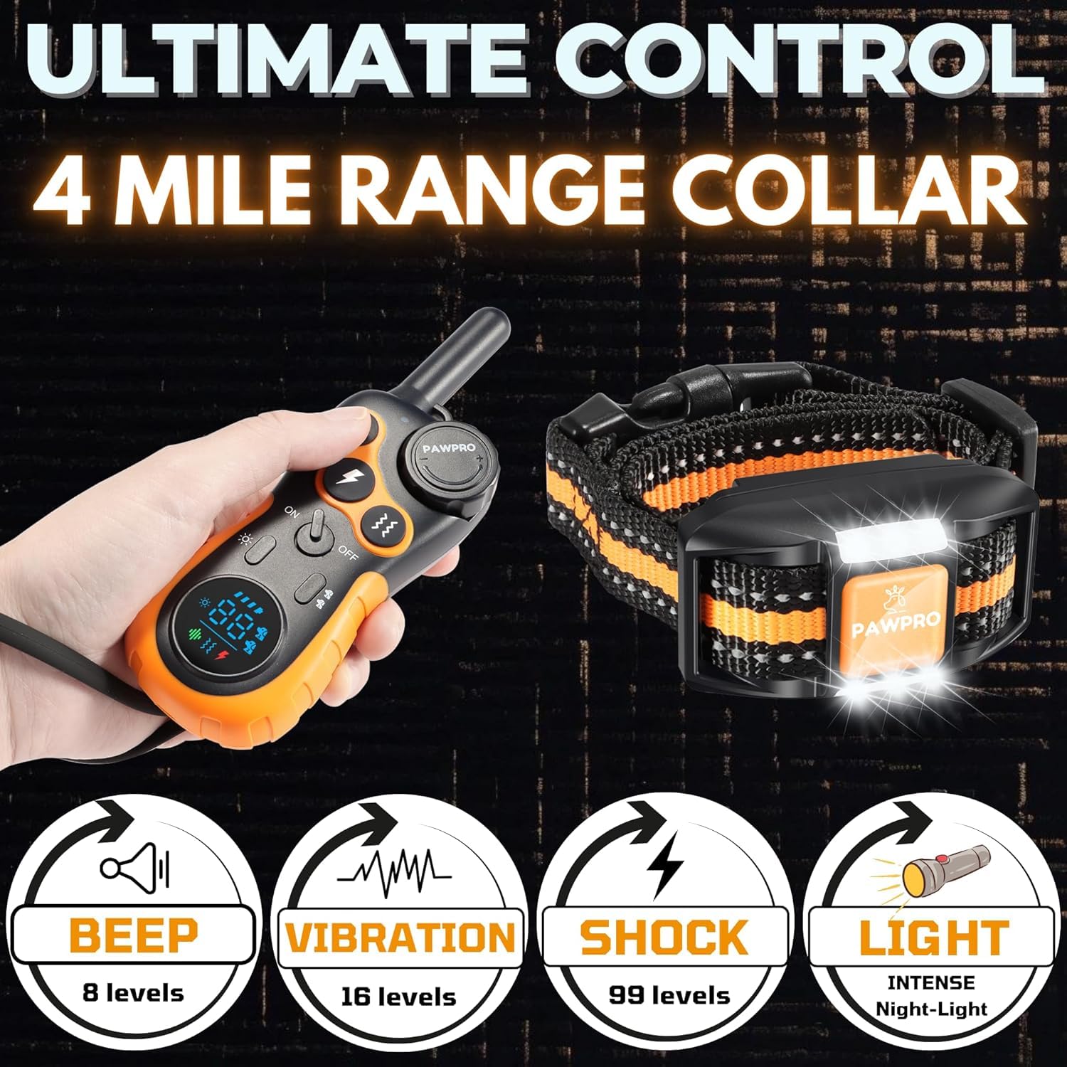 PAWPRO remote with dual-channel control for training two dogs at once.
