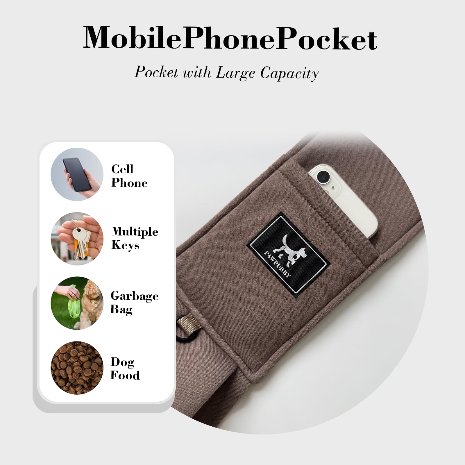 PAWPUBBY handy shoulder-pocket keeps phone or keys within reach.