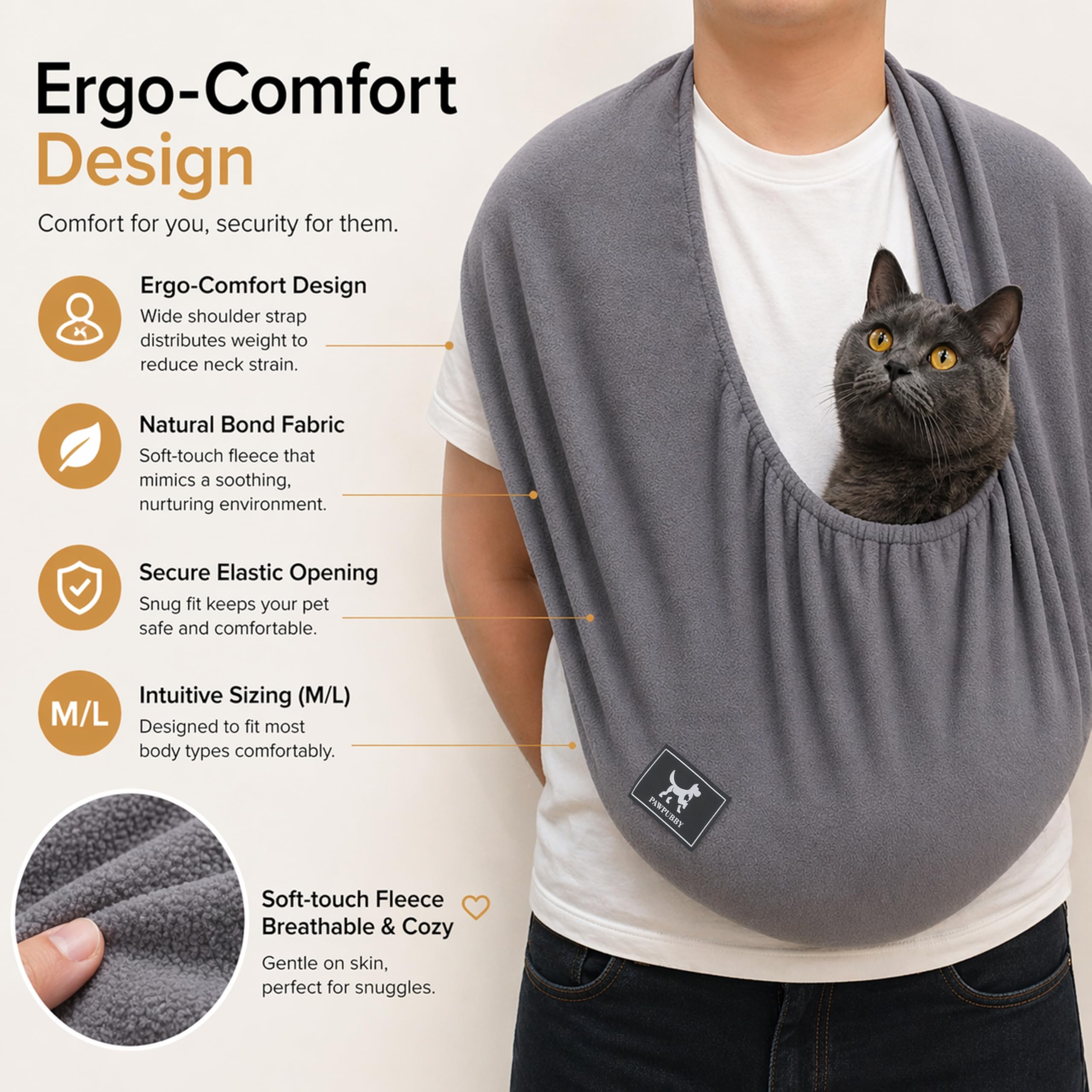PAWPUBBY elastic-fit-cat-sling adapts to your body for a snug, secure feel
