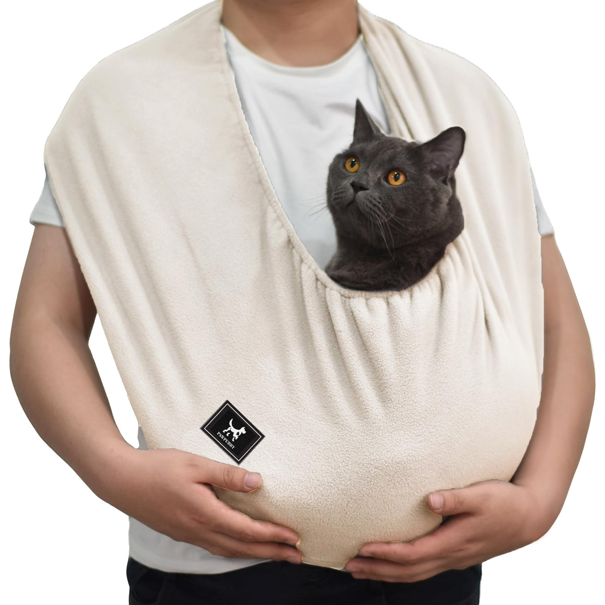 PAWPUBBY cat sling shows a cozy cuddle design in apricot for home use.