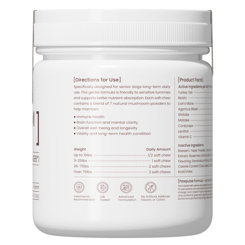 PAWPULSE FORMULA reishi and Lion's Mane support cognition.