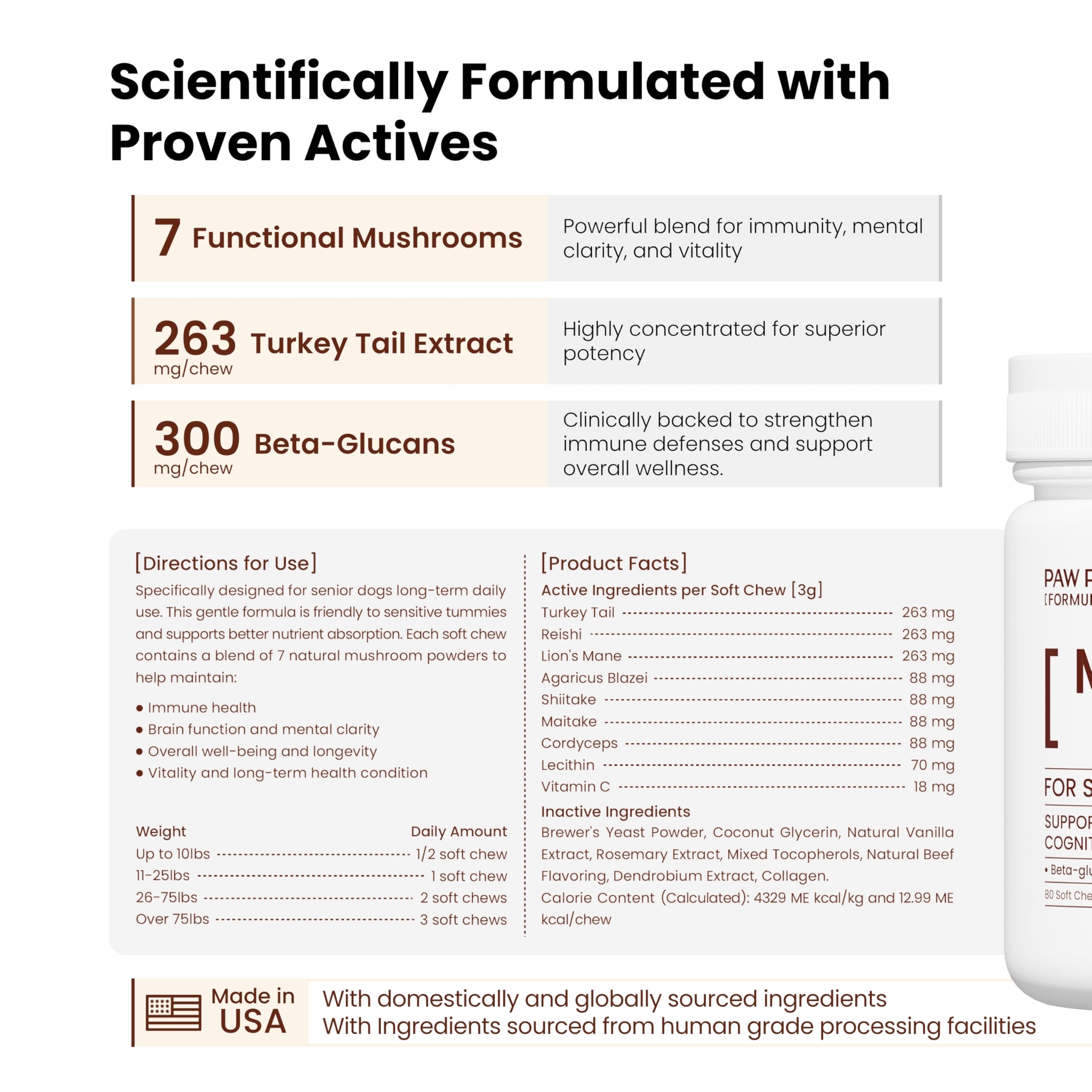 PAWPULSE FORMULA seven-mushroom blend ingredients highlighted for antioxidants.