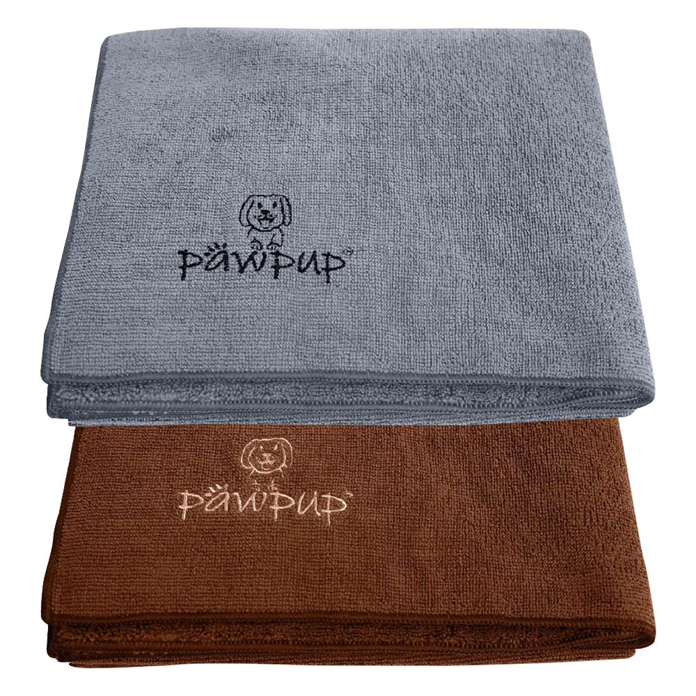 PAWPUP two-pack towels in brown and grey for quick, gentle drying