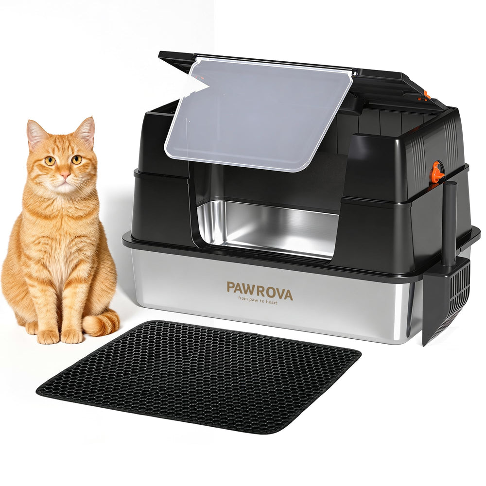 Pawrova stainless steel litter box lid open for quick scooping and odor containment.