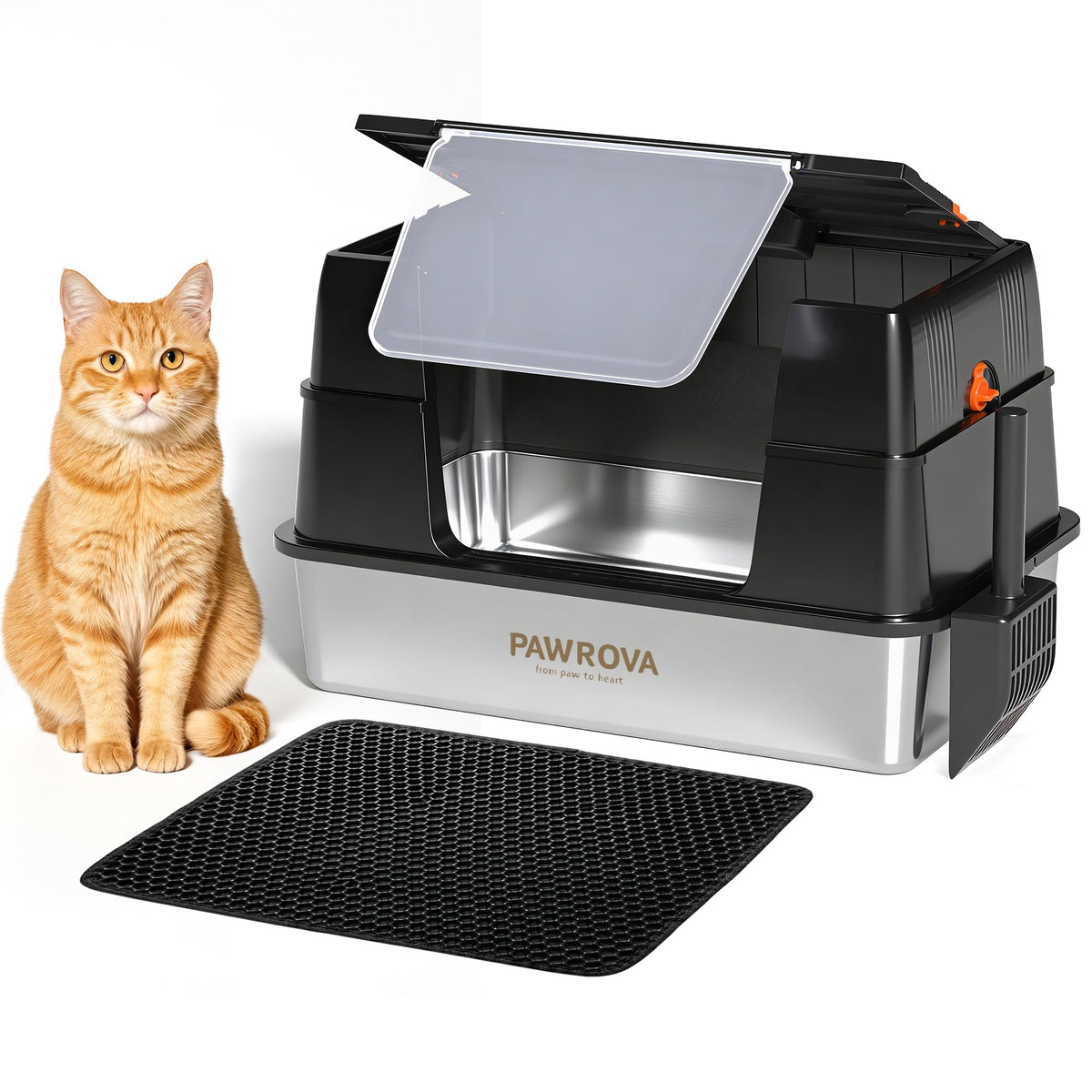 Pawrova stainless steel litter box lid open for quick scooping and odor containment.