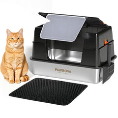 Pawrova stainless steel litter box lid open for quick scooping and odor containment.