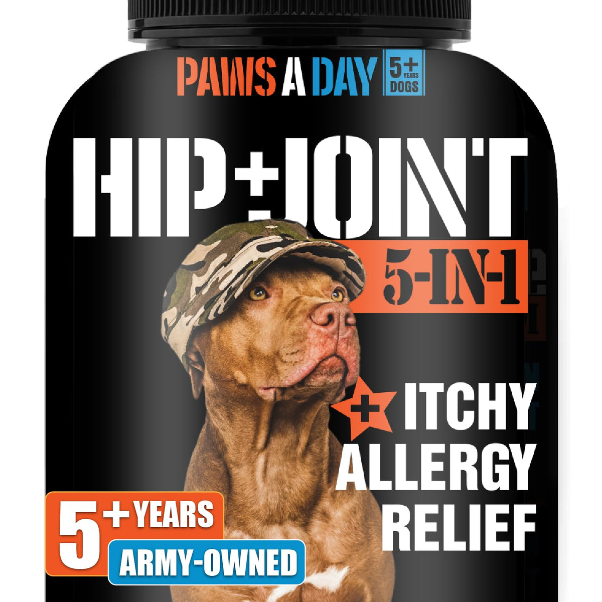 Paws A Day 5-in-1 dog joint care bottle showcases joint support and mobility benefits.
