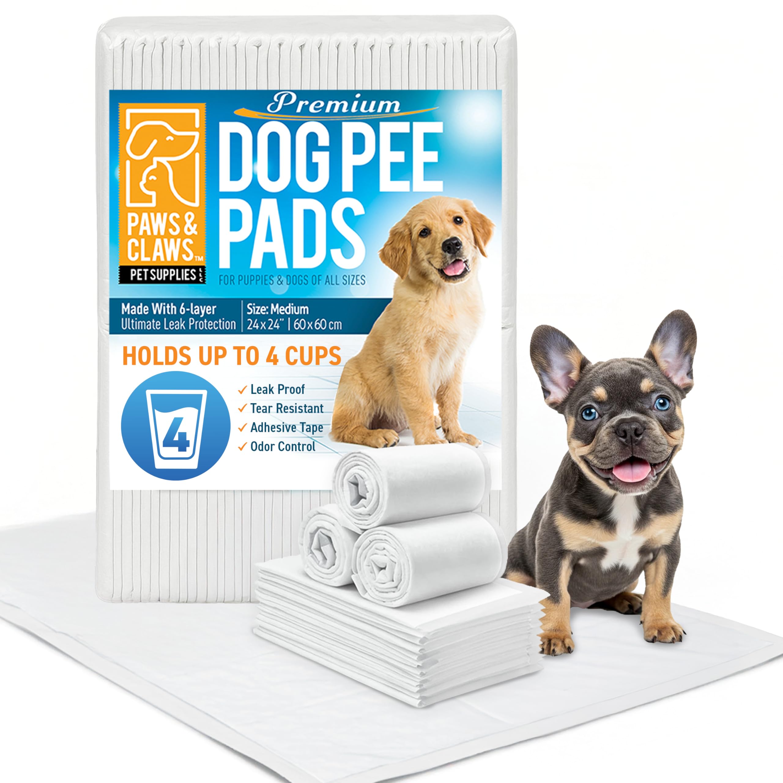 Paws & Claws packaging shows 50-count small pee pads for training and care