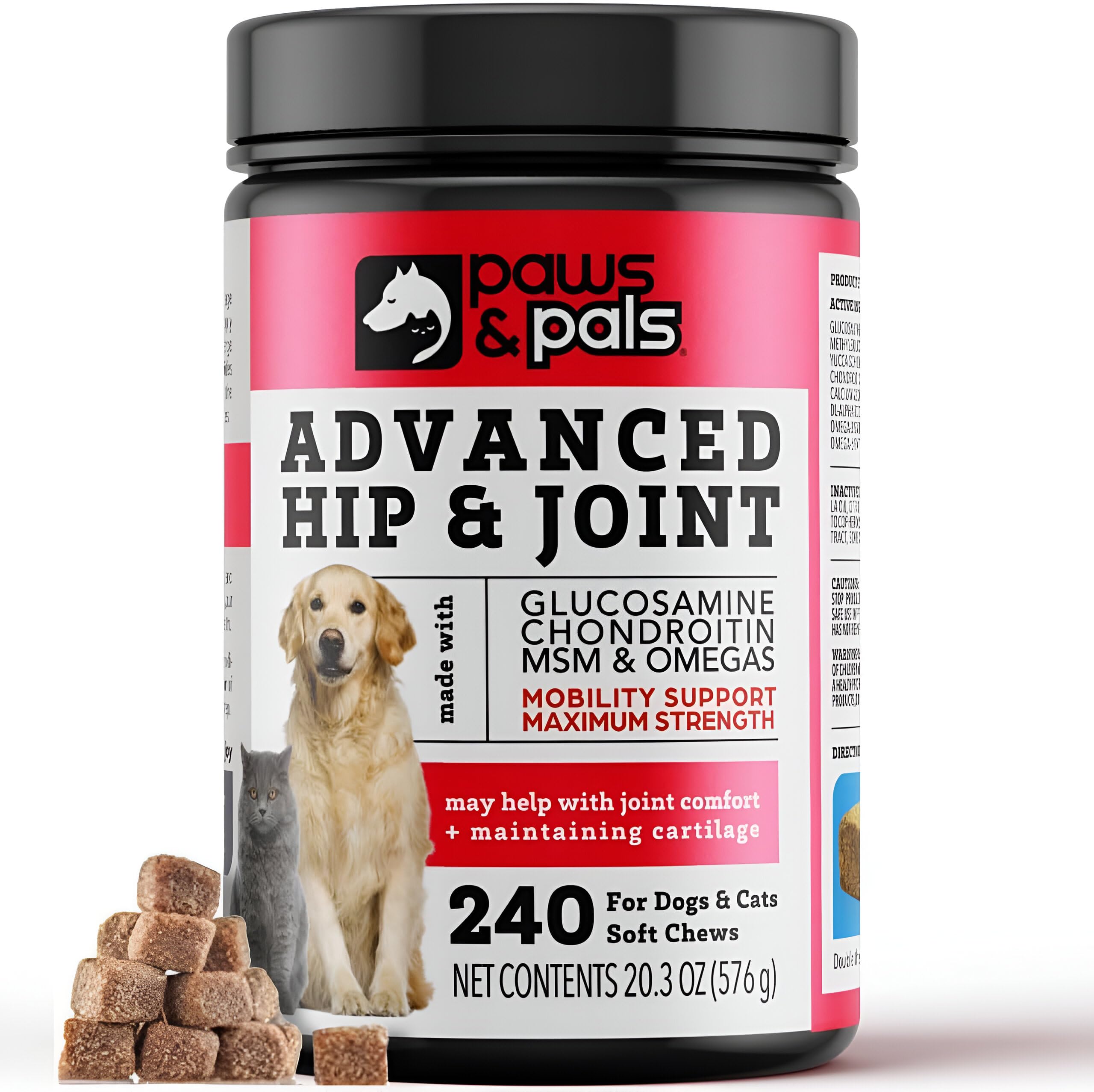 Paws and Pals glucosamine chondroitin MSM bottle supports joint comfort.