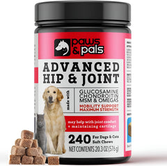 Paws and Pals glucosamine chondroitin MSM bottle supports joint comfort.