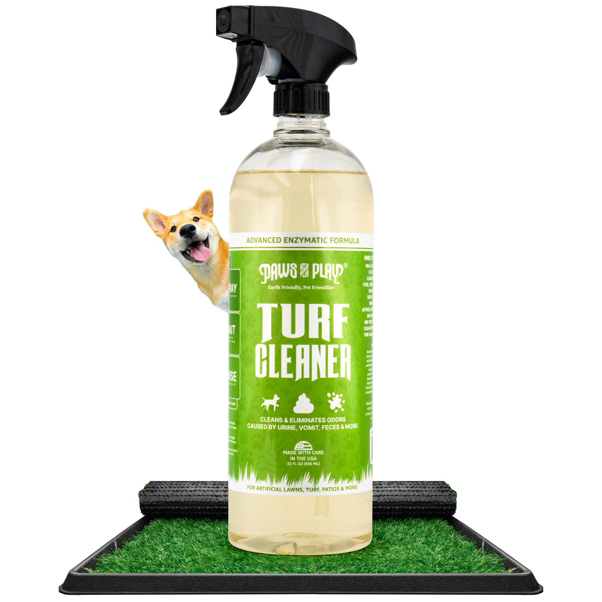 Paws and Play Turf Cleaner 32oz bottle pour for easy spray‑on cleaning of artificial grass