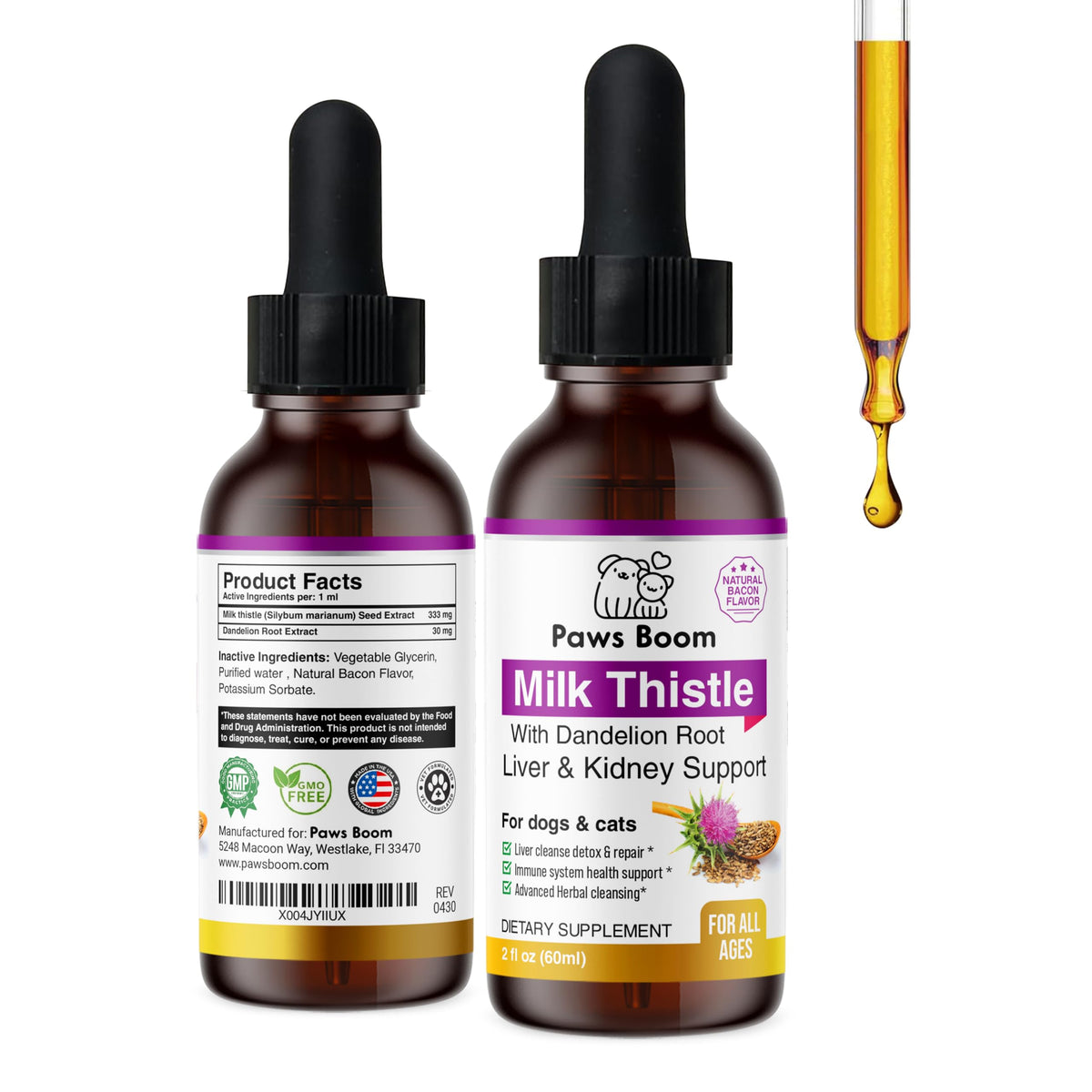 Paws Boom Milk Thistle bottle pour supports liver health in pets
