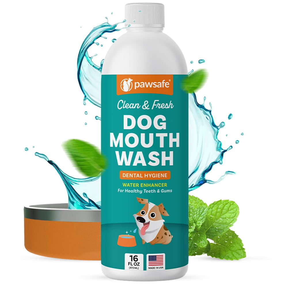 PawSafe dog mouthwash bottle front highlighting a fresh breath enhancement for daily use.