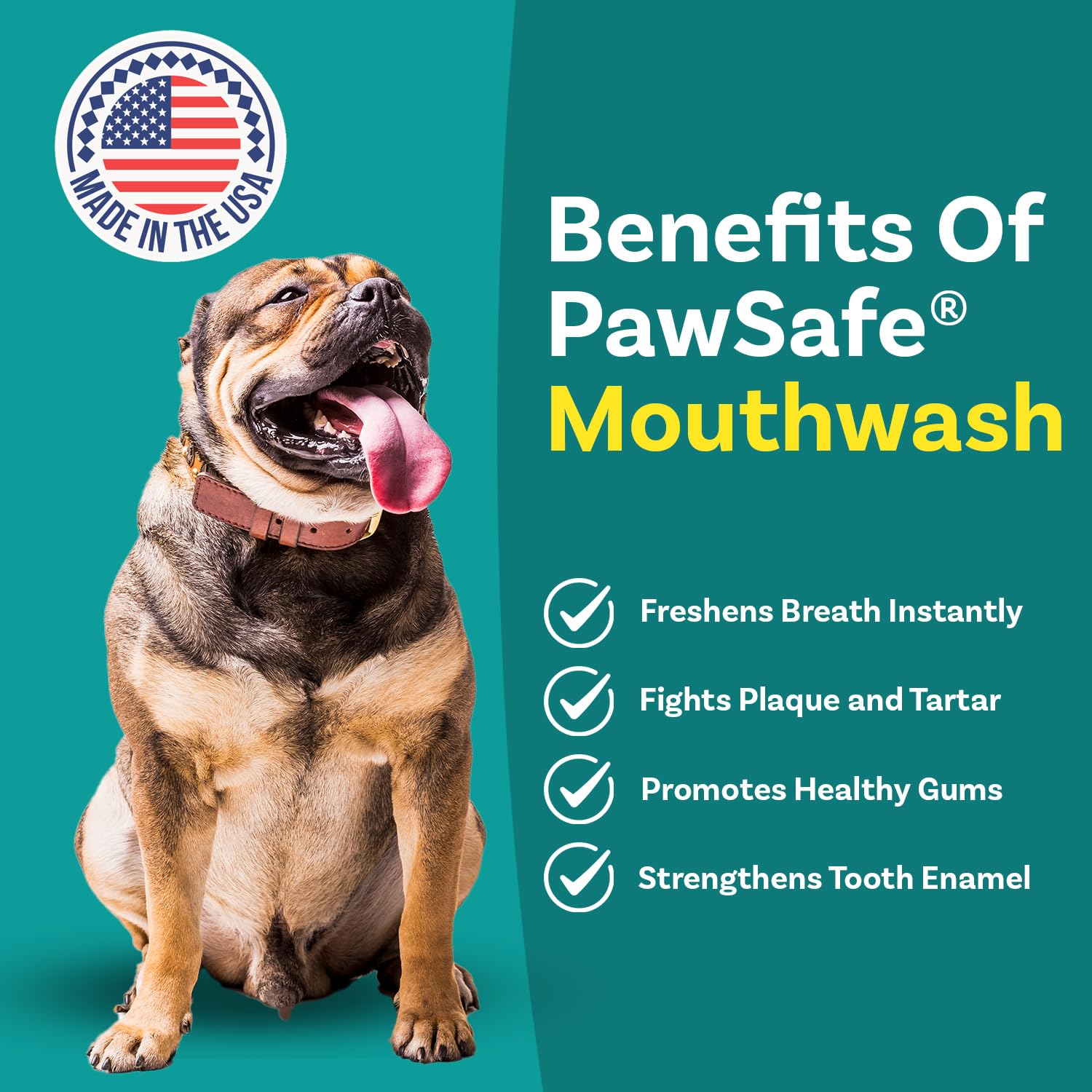 PawSafe dog mouthwash bottle label shows natural ingredients for safe at-home dental care.