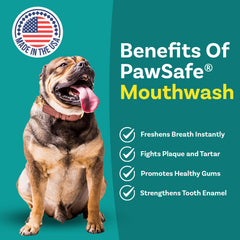 PawSafe dog mouthwash bottle label shows natural ingredients for safe at-home dental care.