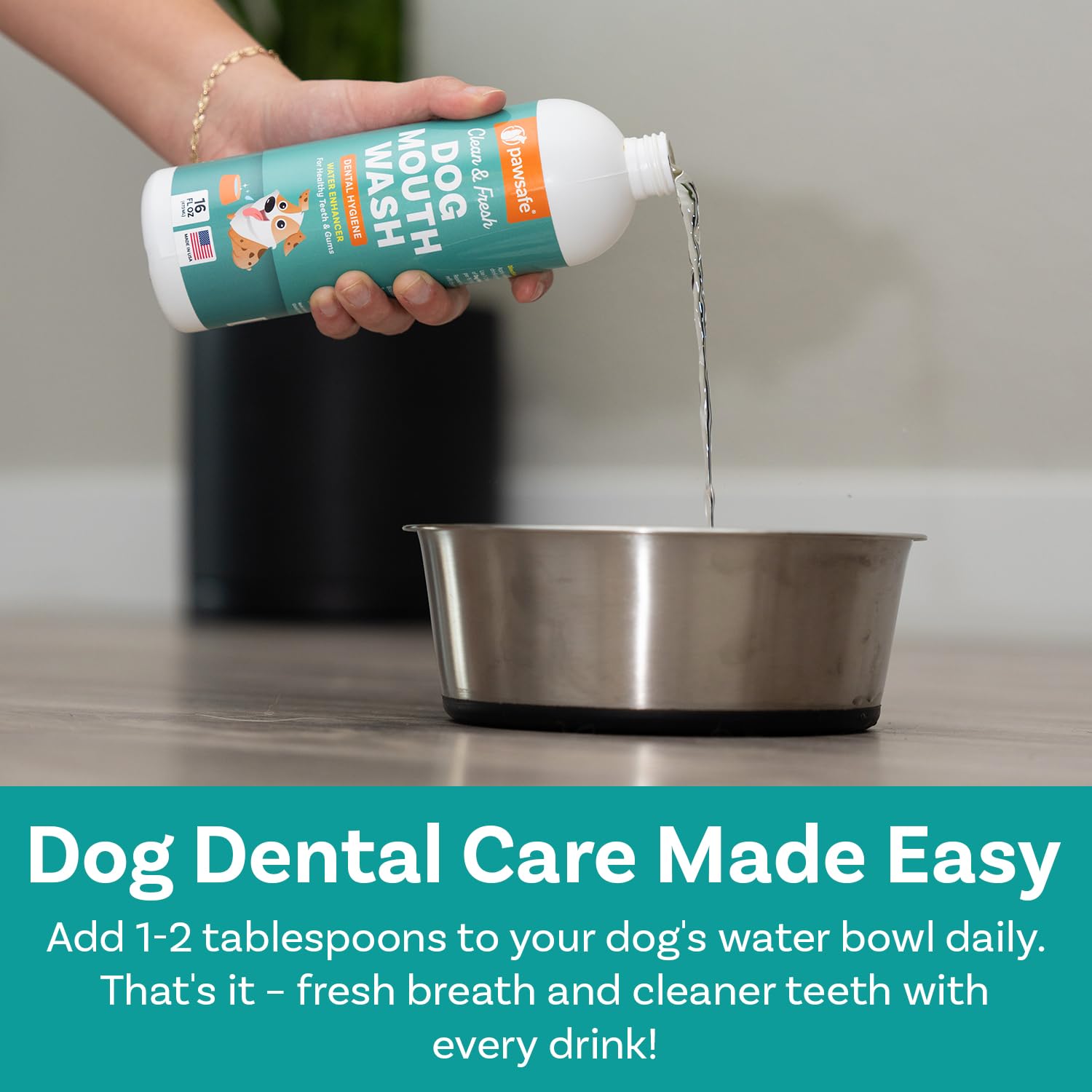 PawSafe dog mouthwash pour-spoon image demonstrates easy measurement for consistent dosing.