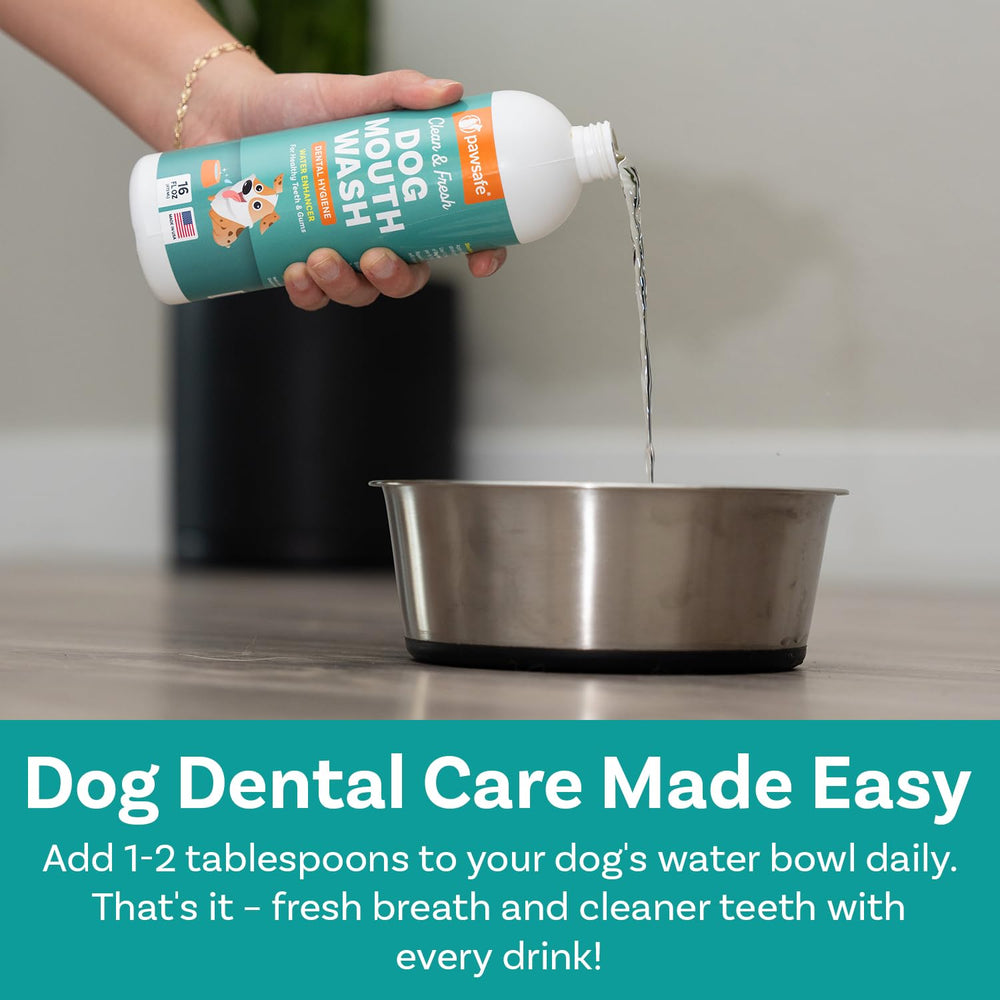 PawSafe dog mouthwash pour-spoon image demonstrates easy measurement for consistent dosing.