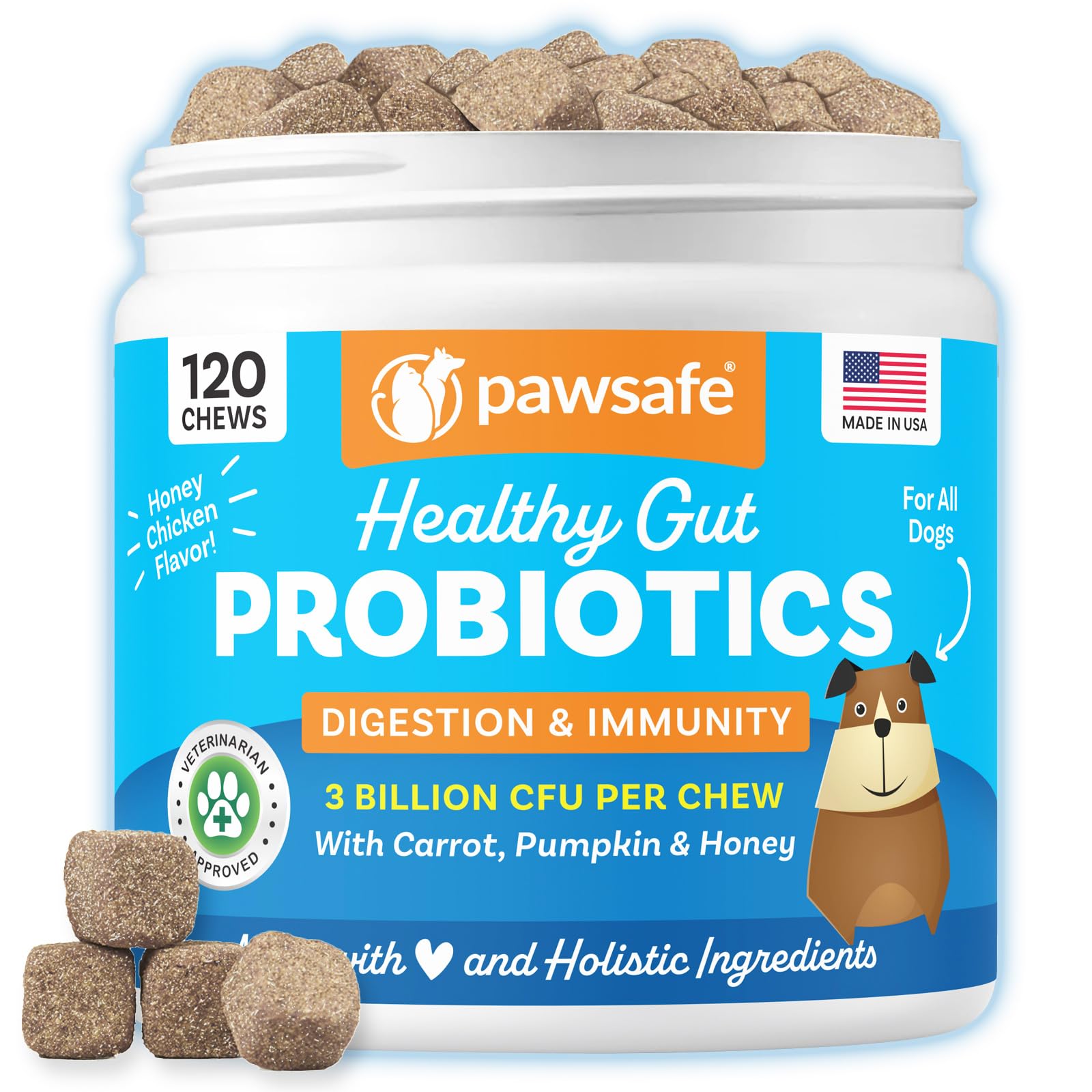 PawSafe dog probiotics soft chews tub for digestive support and palatability.