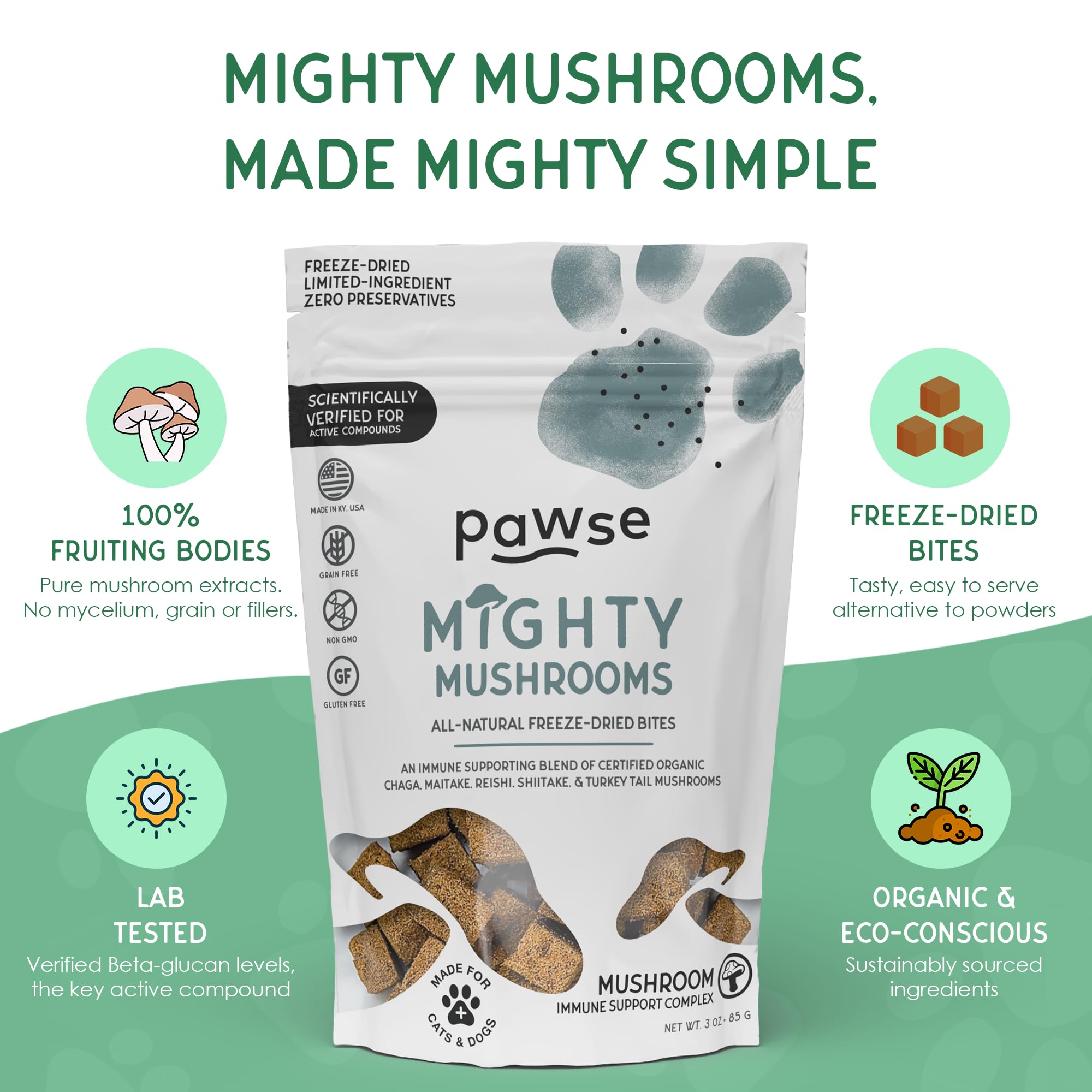 Pawse Mighty Mushroom Chews no fillers grain-free closeup.