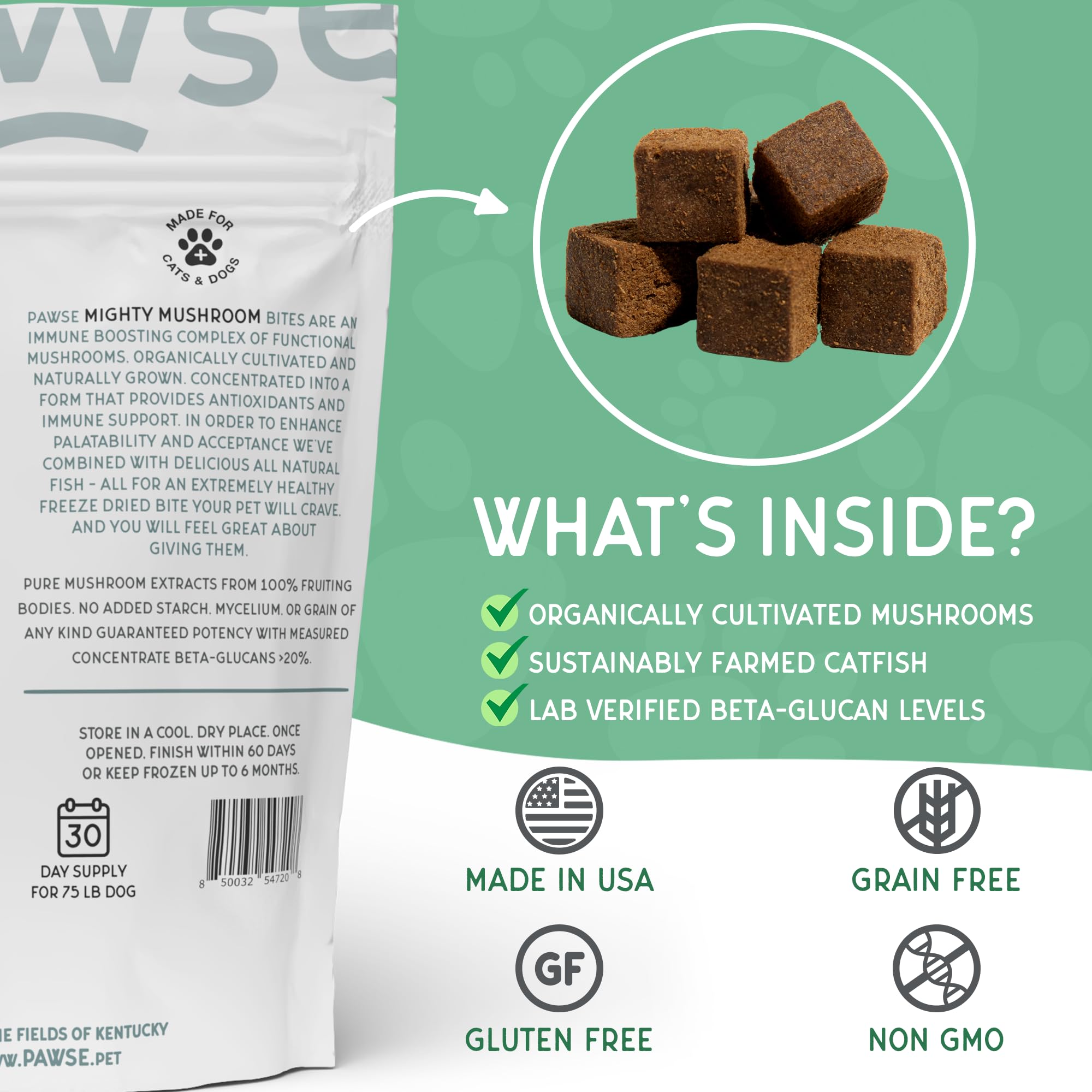 Pawse Mighty Mushroom Chews serving suggestion image for tasty daily treat.