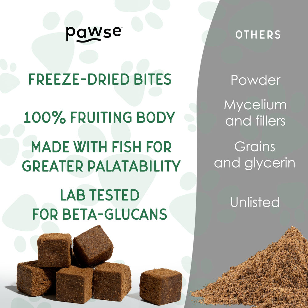 Pawse Mighty Mushroom Chews skin and coat vitality closeup.