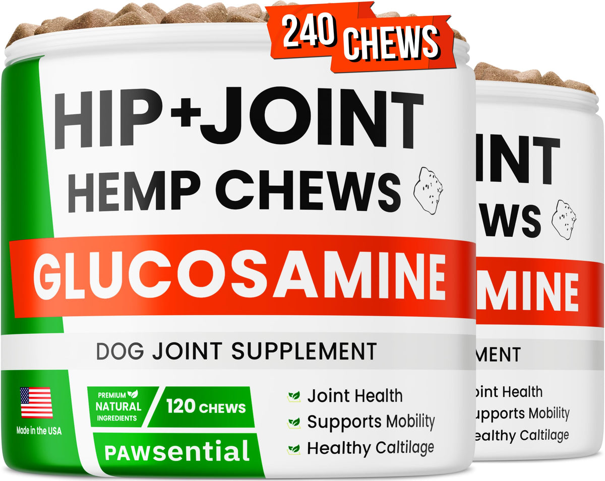 Pawsential advanced hemp hip joint chews in a pack; tasty support for joints.