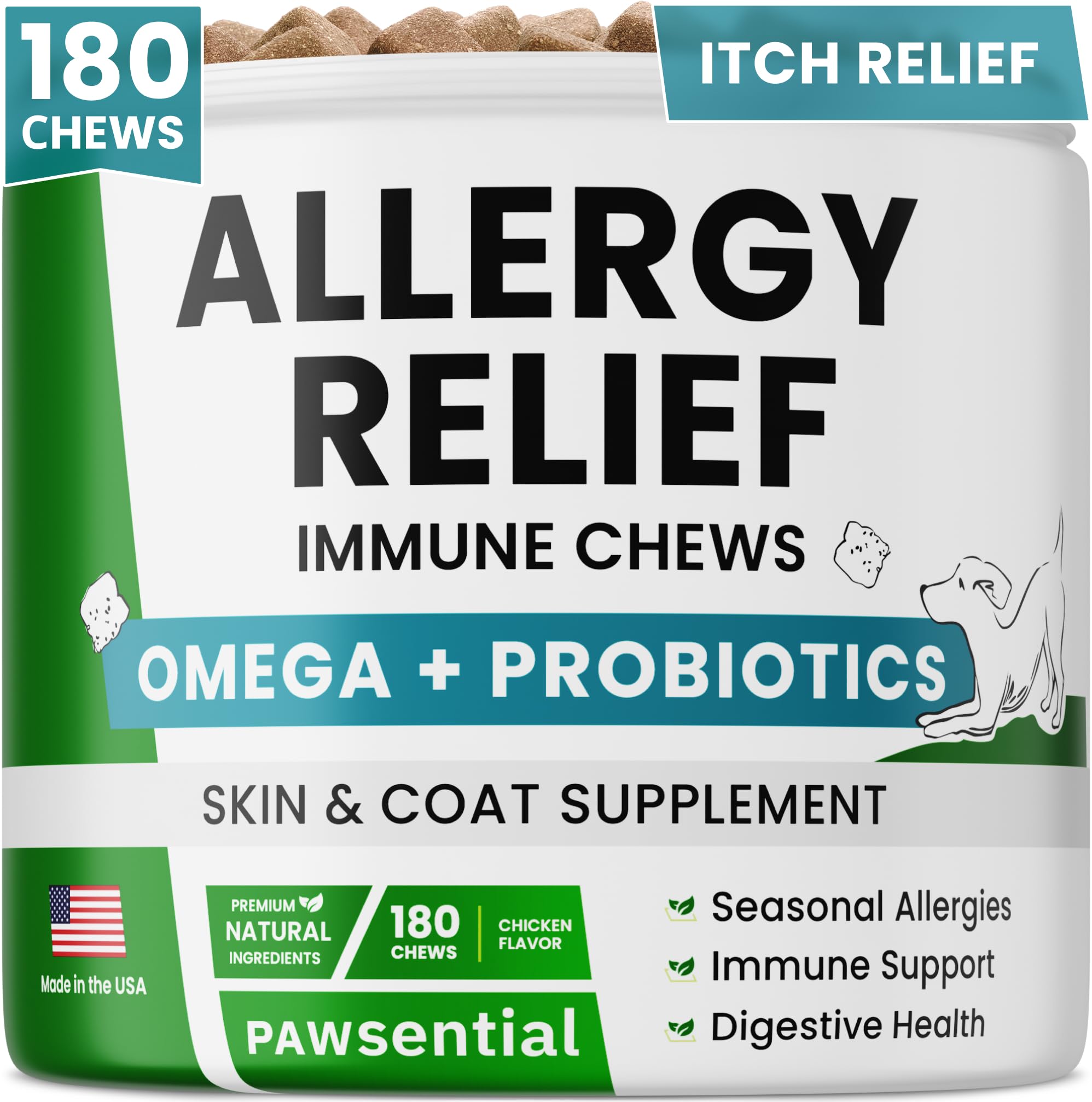 PAWSENTIAL Allergy Relief Chews bottle ready for itchy skin support in dogs