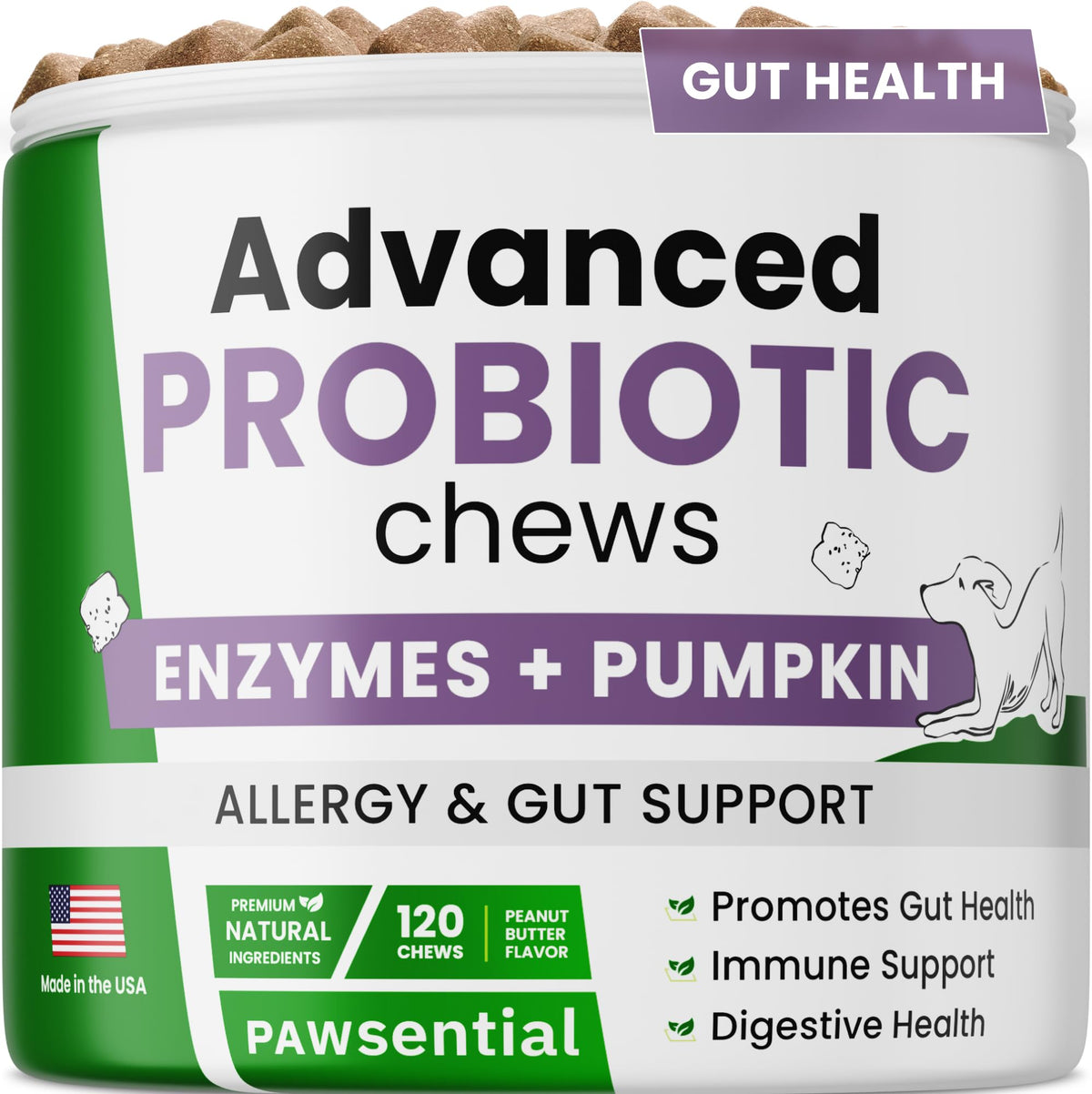 Pawsential Dog Probiotic Chews bottle front for digestive support.