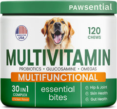Pawsential Dog Vitamins bottle highlights a comprehensive supplement for hip, skin, and gut support.