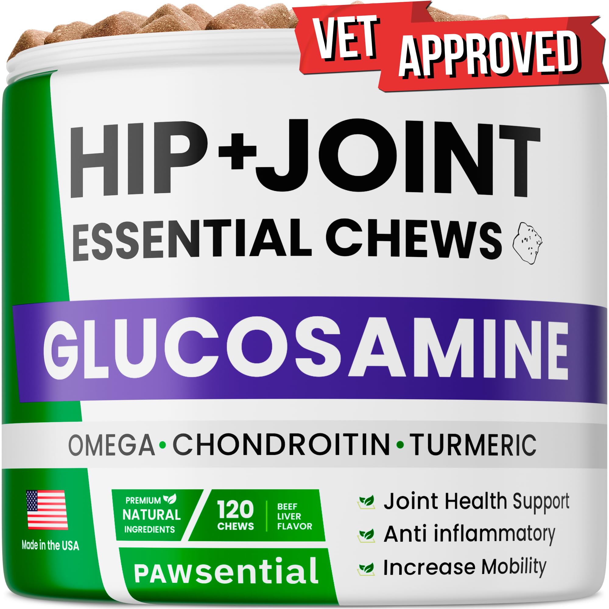 Pawsential glucosamine dog chews bottle showing convenient daily joint support
