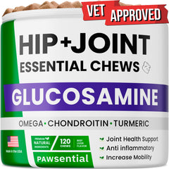 Pawsential glucosamine dog chews bottle showing convenient daily joint support