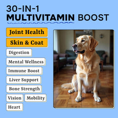 Pawsential skin-coat vitamins closeup emphasizes probiotic blend for itchy skin.